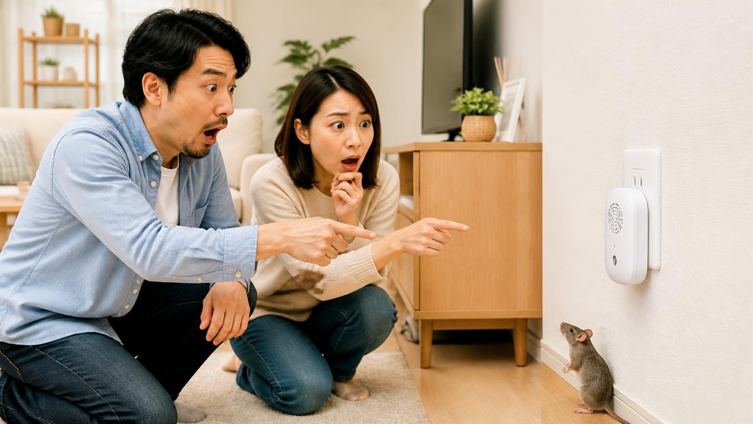 販売元もネズミ以外には別製品を案内 住宅のリビング 男女2人 コンセントの機器を指さす