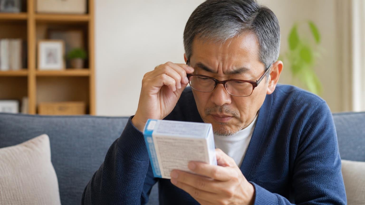 販売元の注意書きを読む場面。リビングで商品パッケージの説明書きを老眼鏡越しに凝視する60代男性