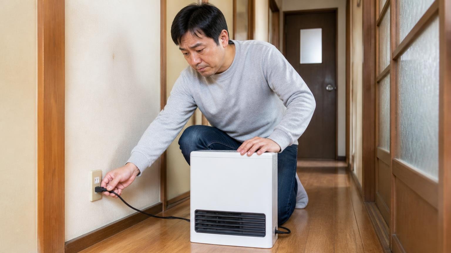 1台で足りず2台目を足す｜古い戸建ての廊下で男性1人が2台目をコンセントに差し込む