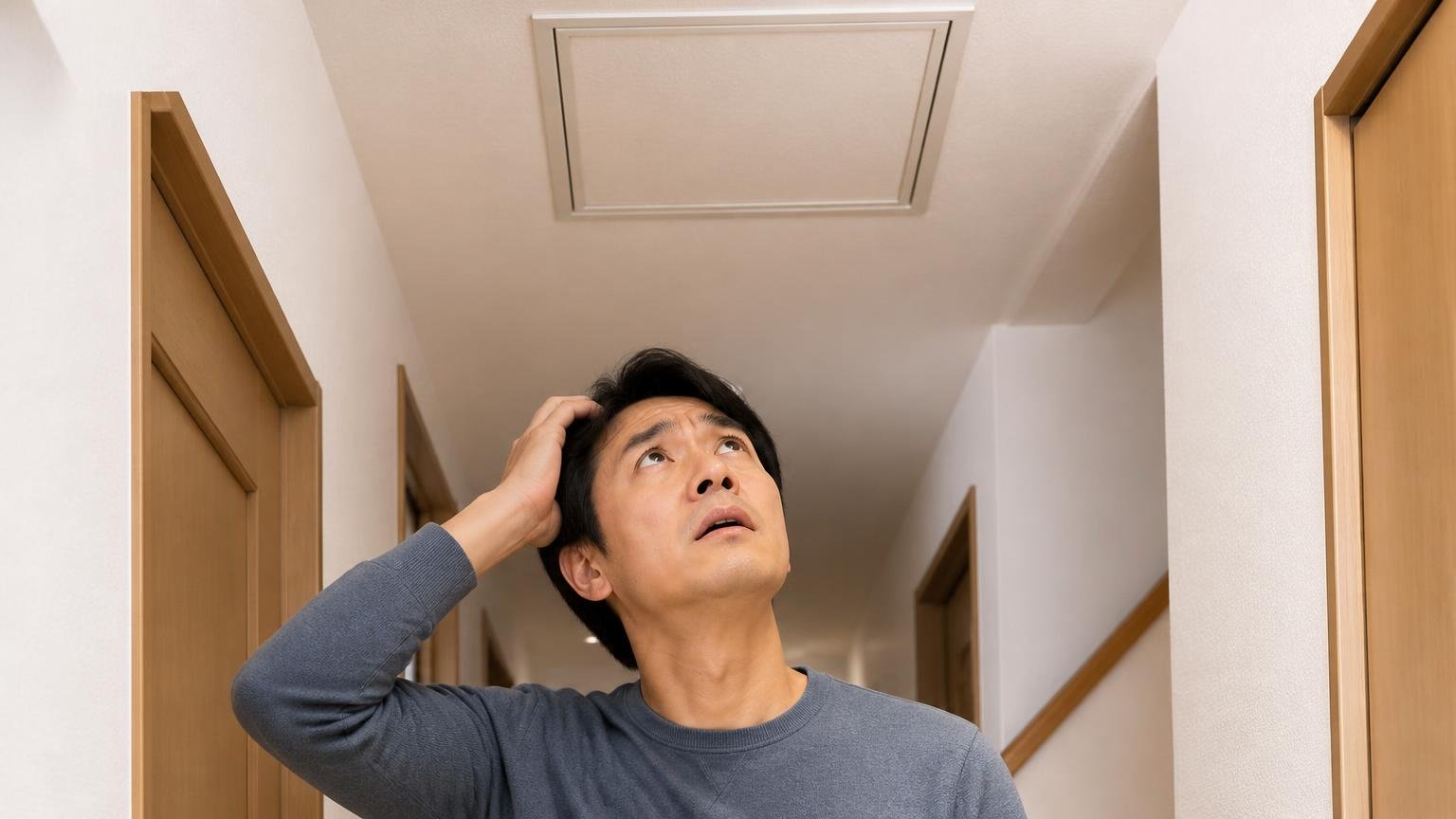 確認できる範囲とできない範囲。住宅の廊下で天井の点検口を見上げる男性1人が不安そうな表情