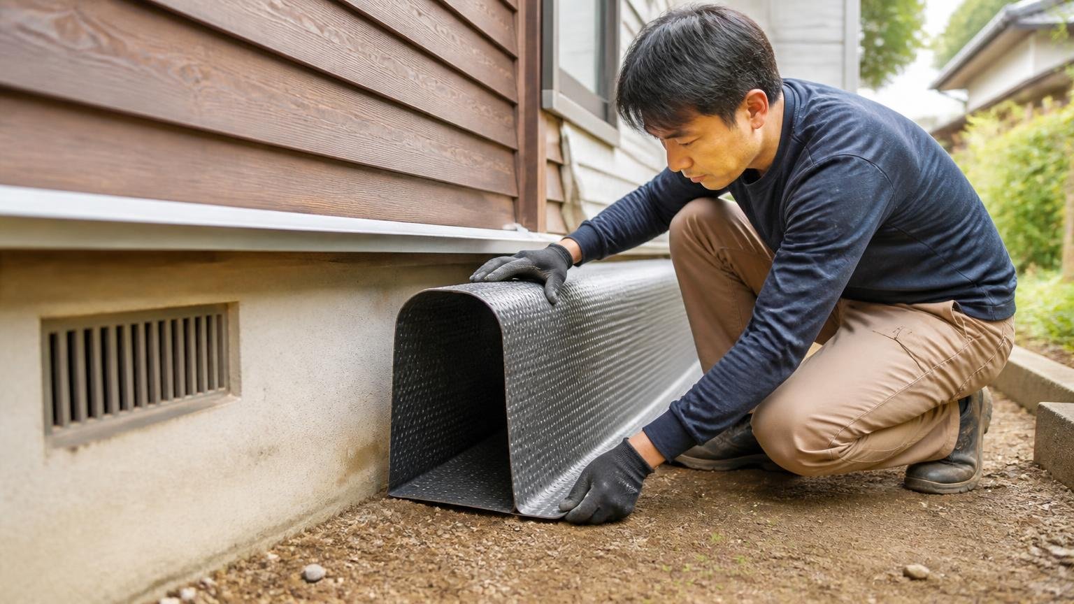 縦横の折り目でU字やトンネル状に変形。木造戸建ての壁ぎわで男性1人がシートを折り曲げ設置する