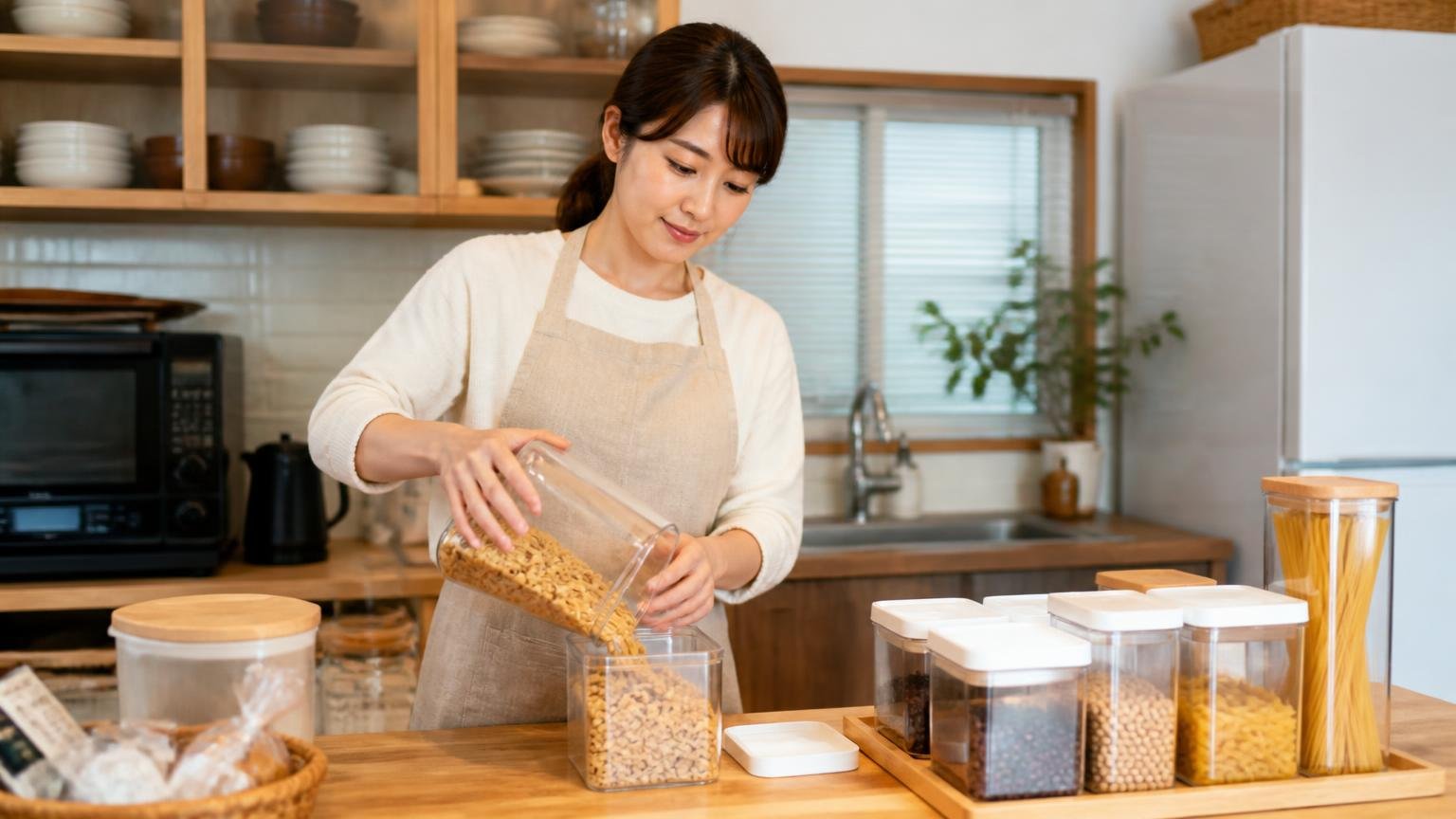 家の中のもっとおいしい餌を断つ、木造戸建ての台所で30代女性が食品をふた付き容器に移し替えて片づける