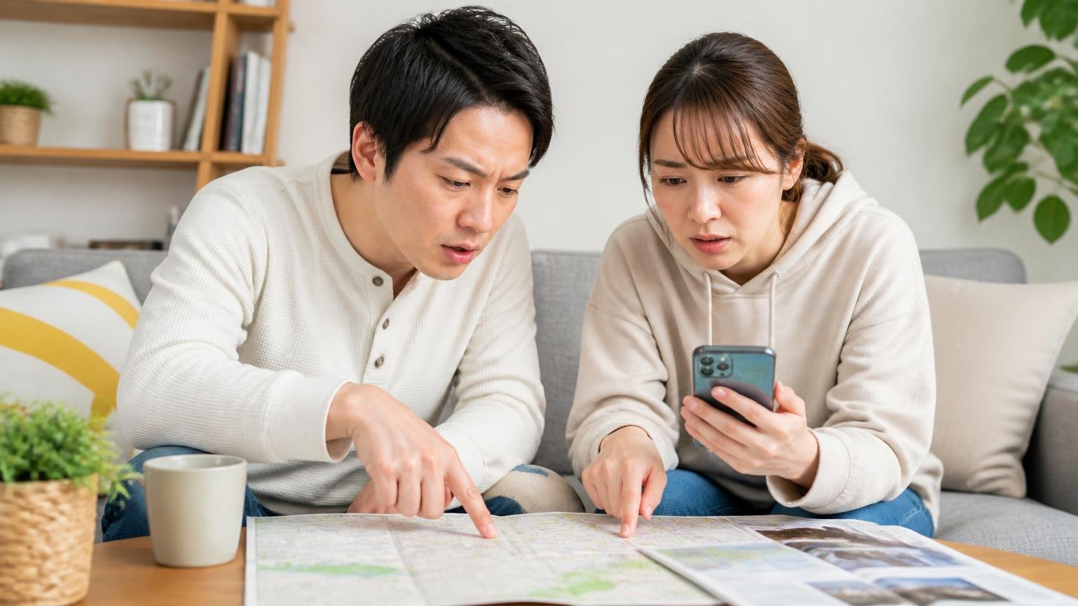 対応害獣と対応エリアを確認|リビングで地図とスマホを見比べて指を差す30代夫婦2人