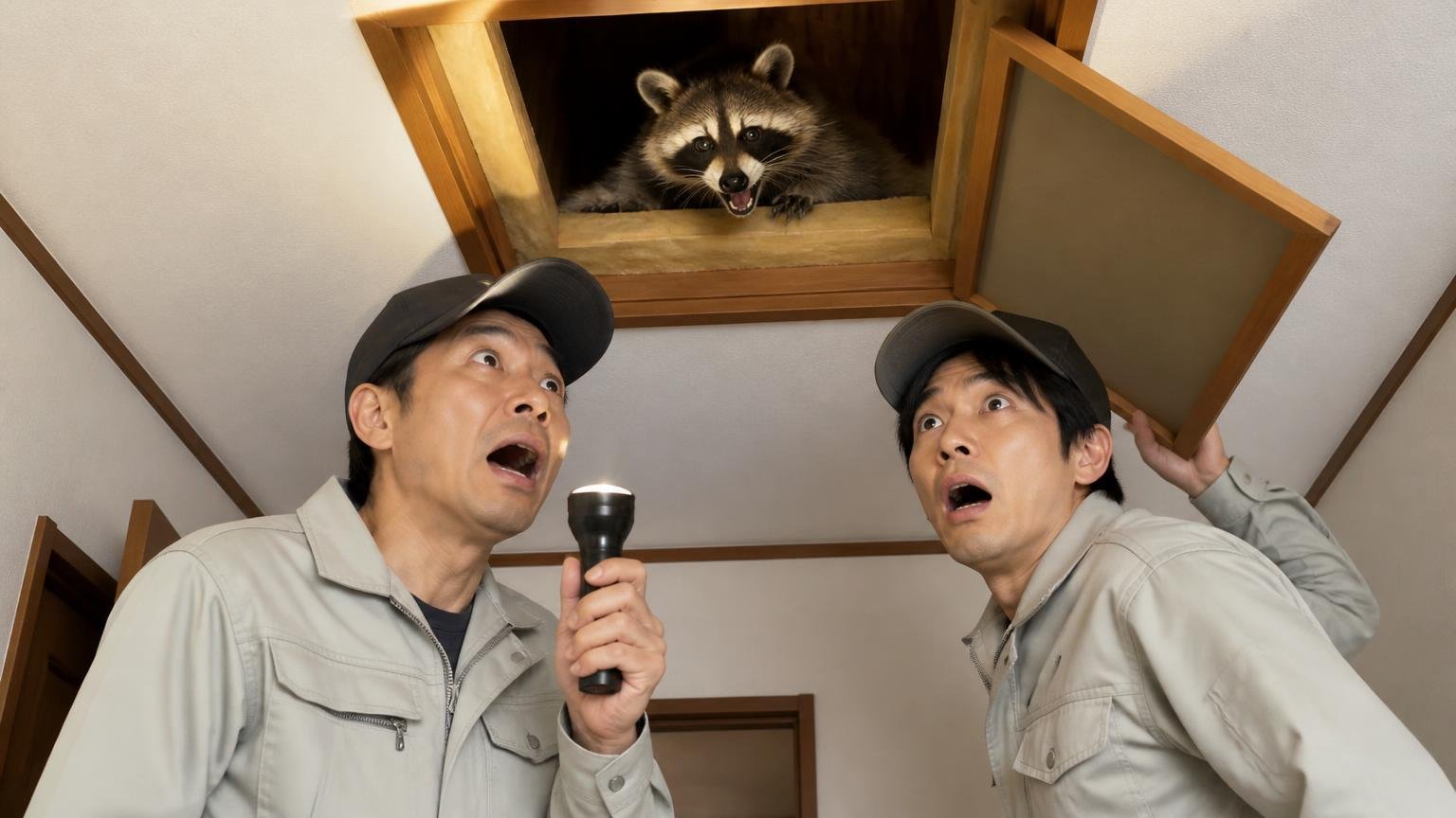 対応している害獣の種類。木造戸建ての天井裏の点検口を懐中電灯で照らす作業着の男性2人が、目を見開いて驚いた表情
