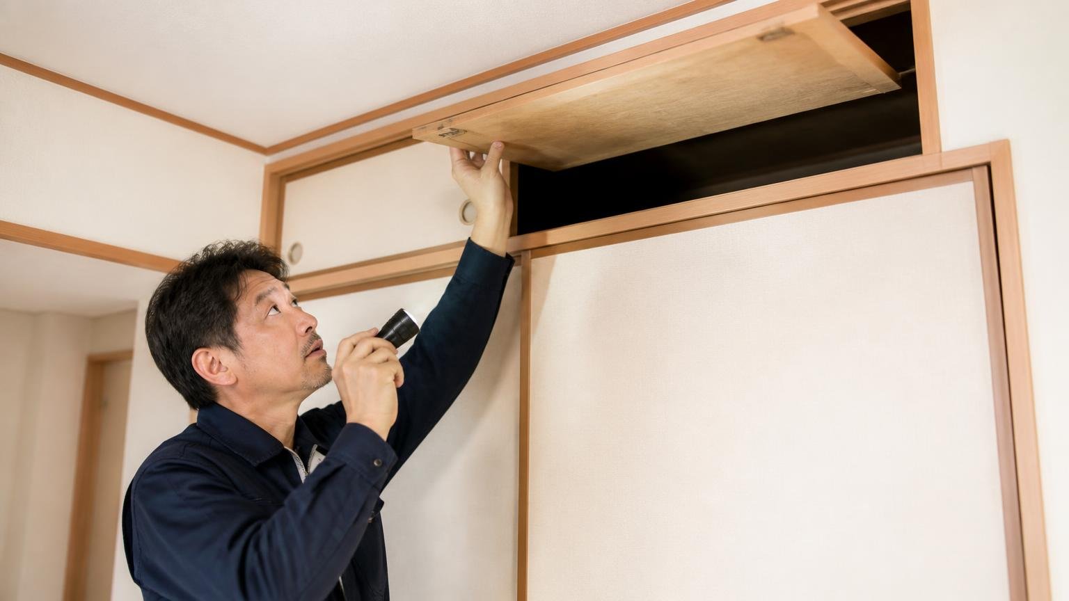 屋根裏や床下という公式の使用場所を確認する場面 木造戸建ての押し入れ天袋の点検口を開ける40代男性1人 懐中電灯を構える