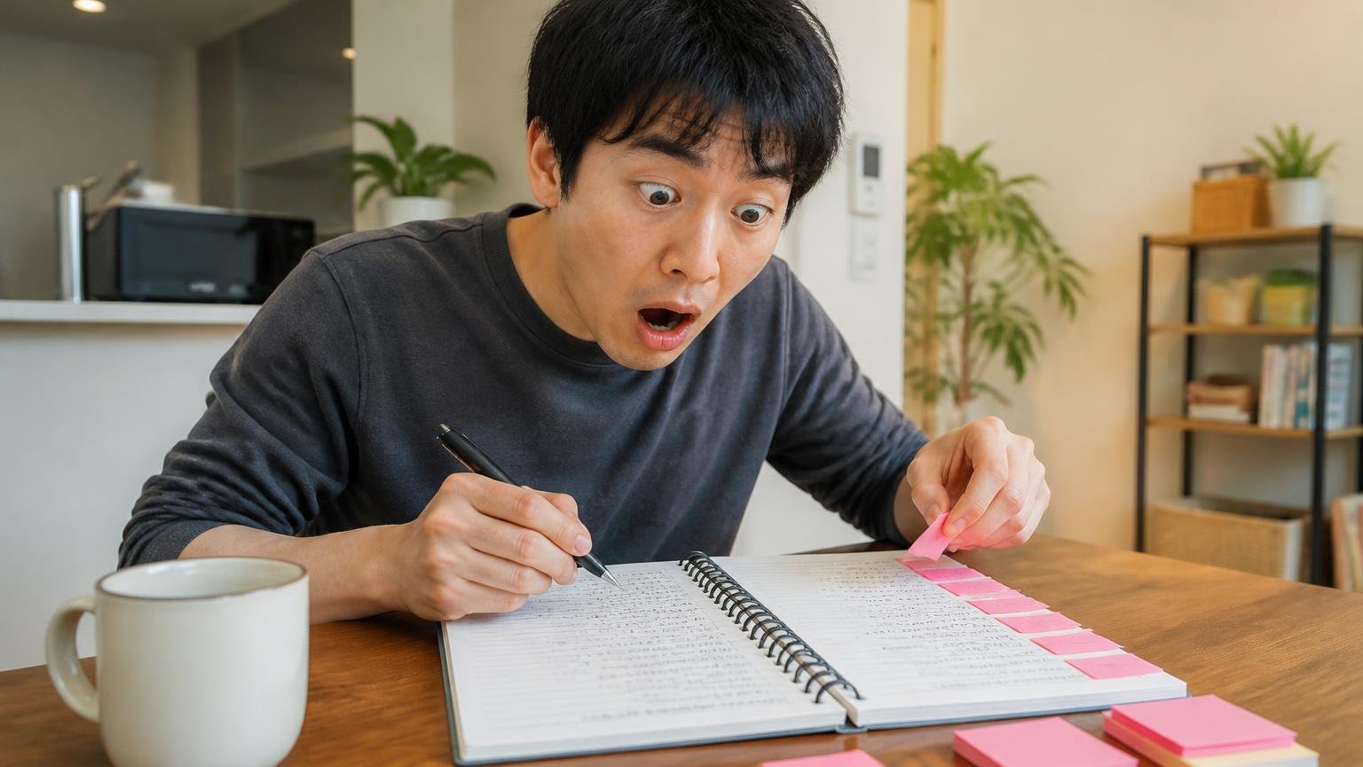 ビックカメラの51件を全部読んだら同じ言葉が14回出てきた・自宅の食卓でノートに口コミを書き出す・住人1人・付箋を貼りながら数える