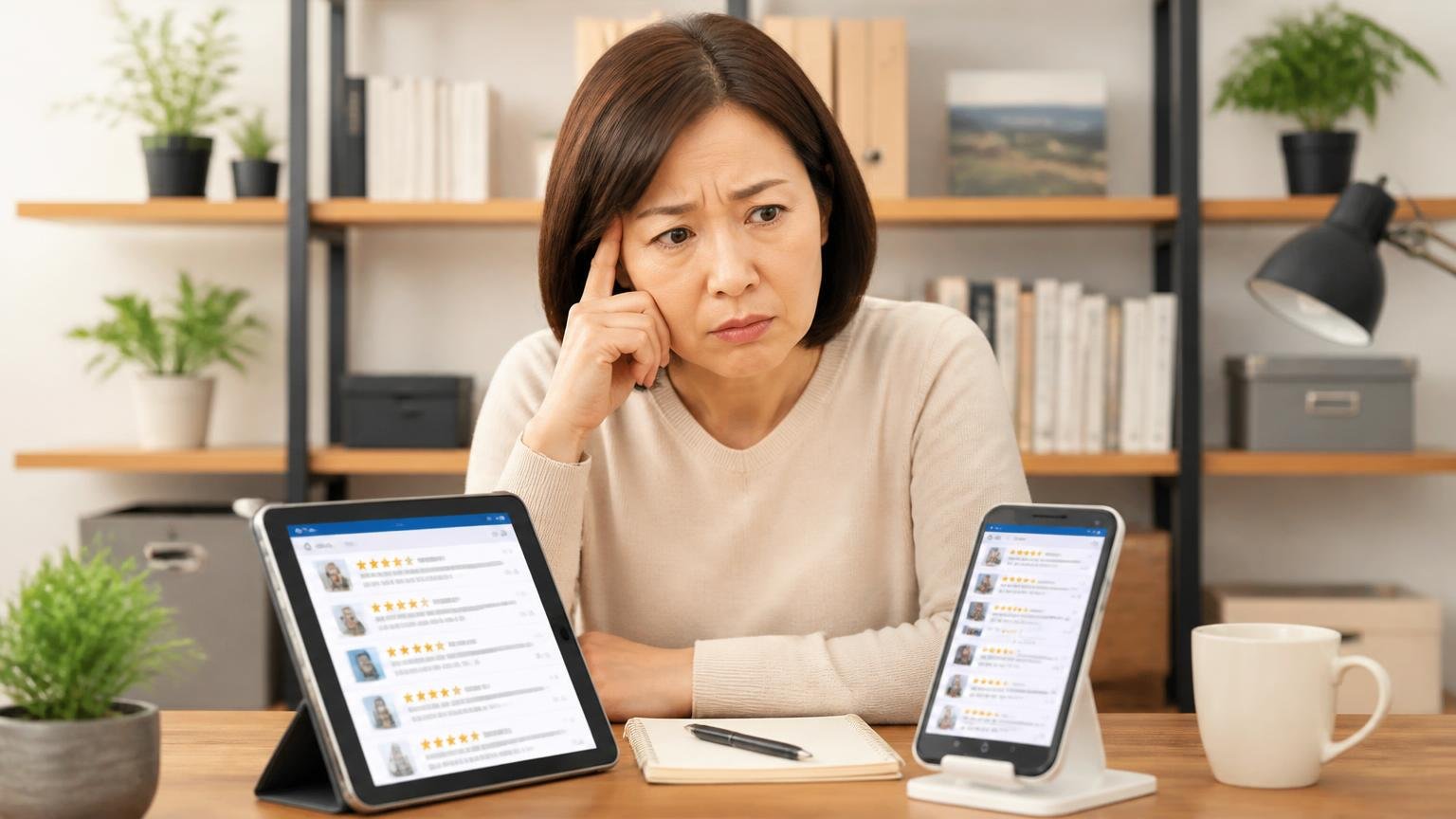 複数の通販サイトの評価を見比べる場面 自宅の書斎机でタブレットとスマホを並べる 40代女性が困惑した表情