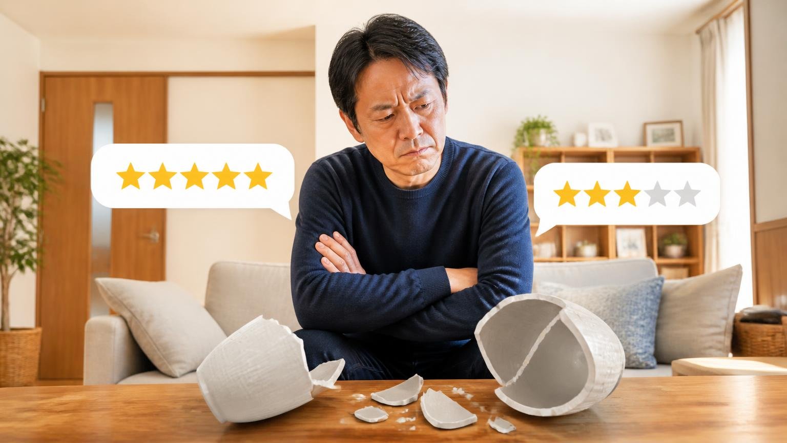 星5と星3が拮抗する割れる商品の正体/木造戸建ての居間で40代男性1人が腕を組み眉をひそめて考え込む