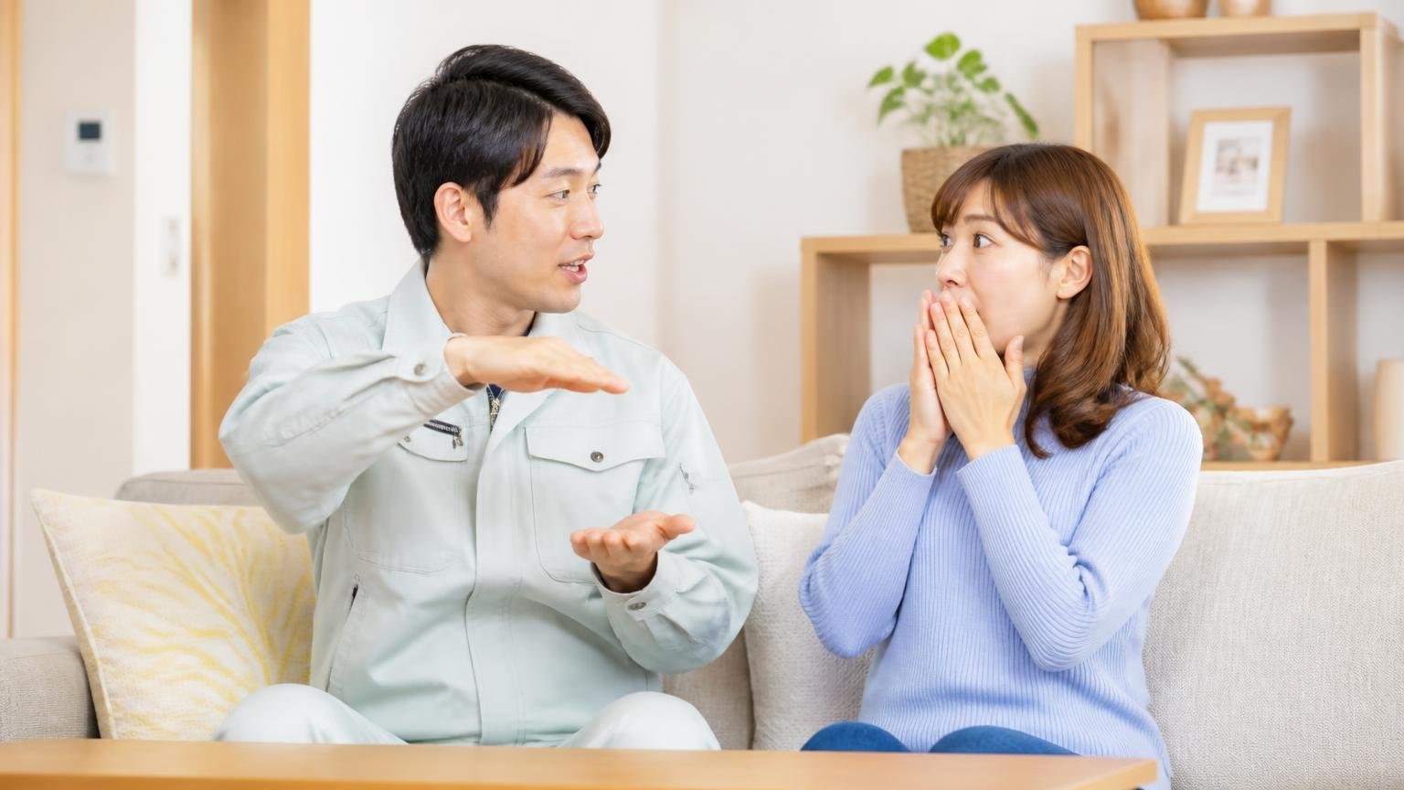 哺乳類の体では速やかに分解されて出ていく。リビングで家族に説明する作業着の男性と驚く30代女性