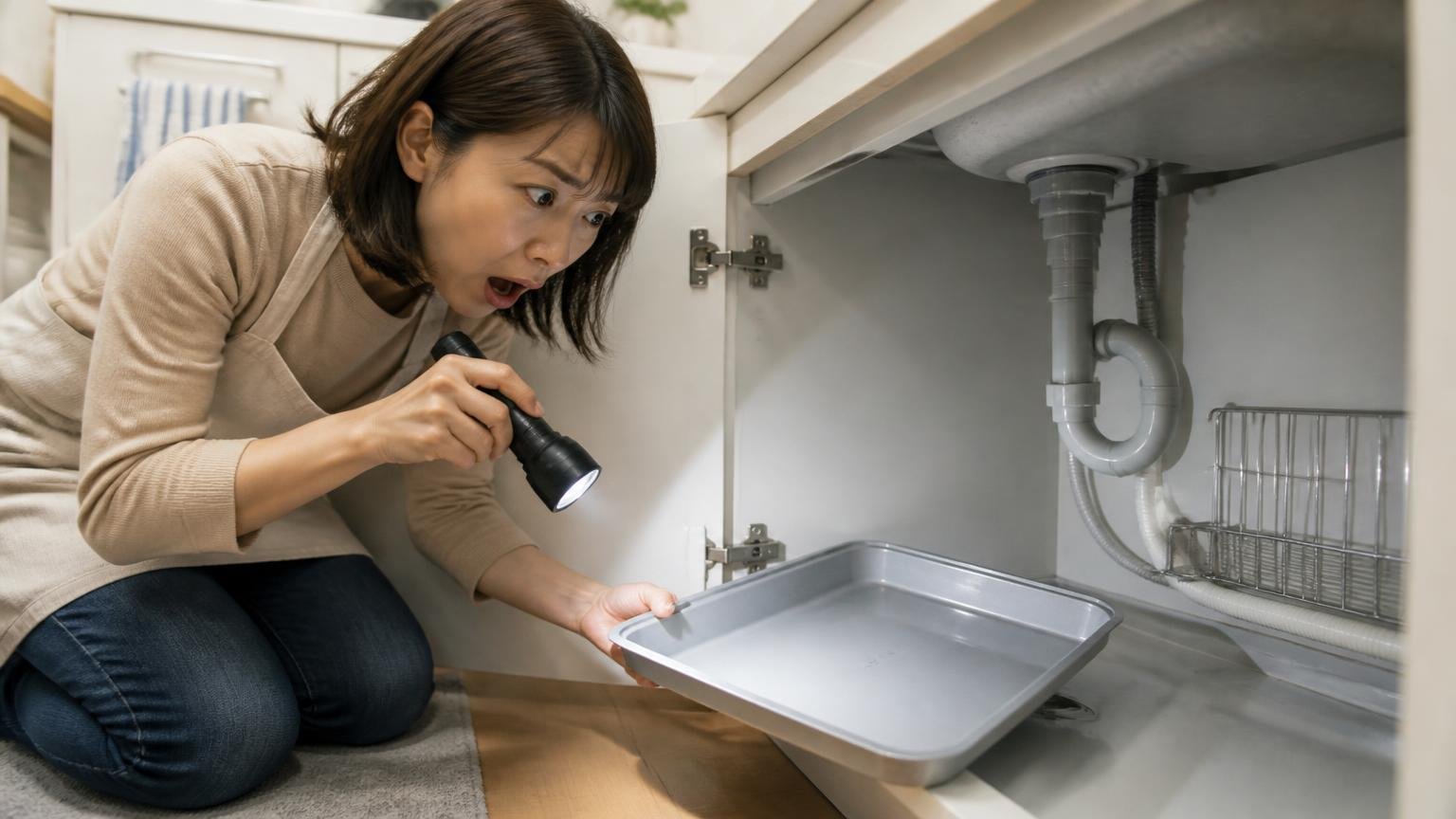 効いた人がたどる典型パターン。台所の流し台の下を懐中電灯で照らす女性1人が空になったトレーを覗き込んでいる
