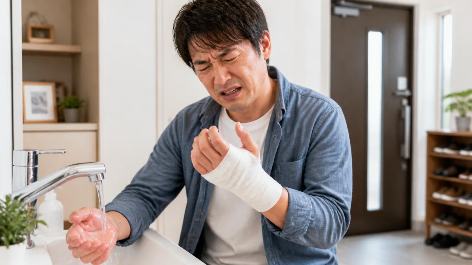 素手で触ってはいけない理由、住宅の玄関で手を洗う、包帯を巻いた手を見る男性1人、痛みに顔をゆがめる