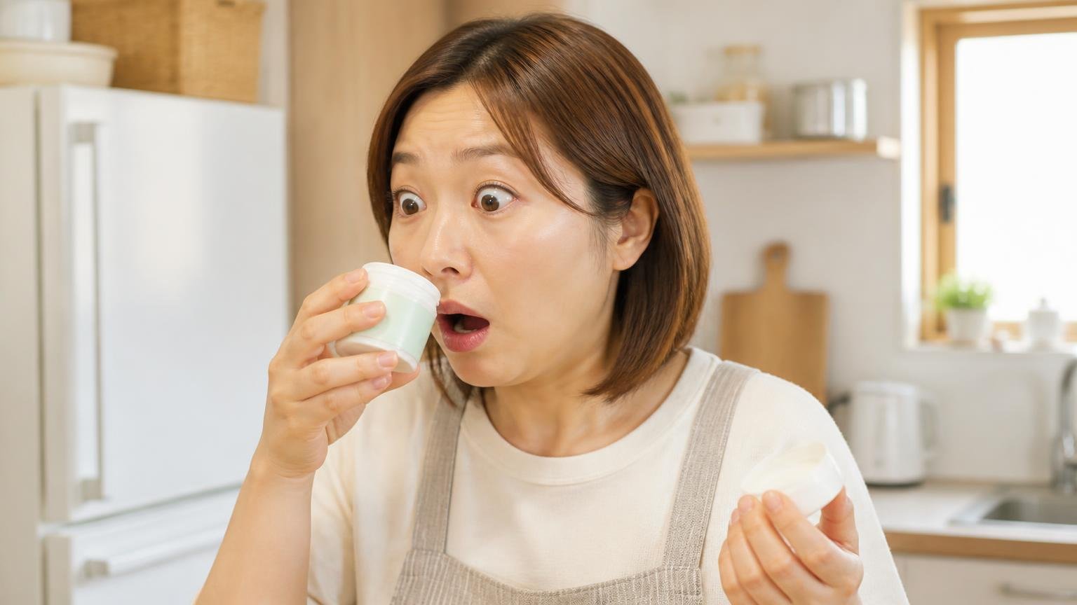 香りは歯磨き粉みたいという声 戸建ての台所で30代女性が容器を鼻に近づけ目を丸くして驚く