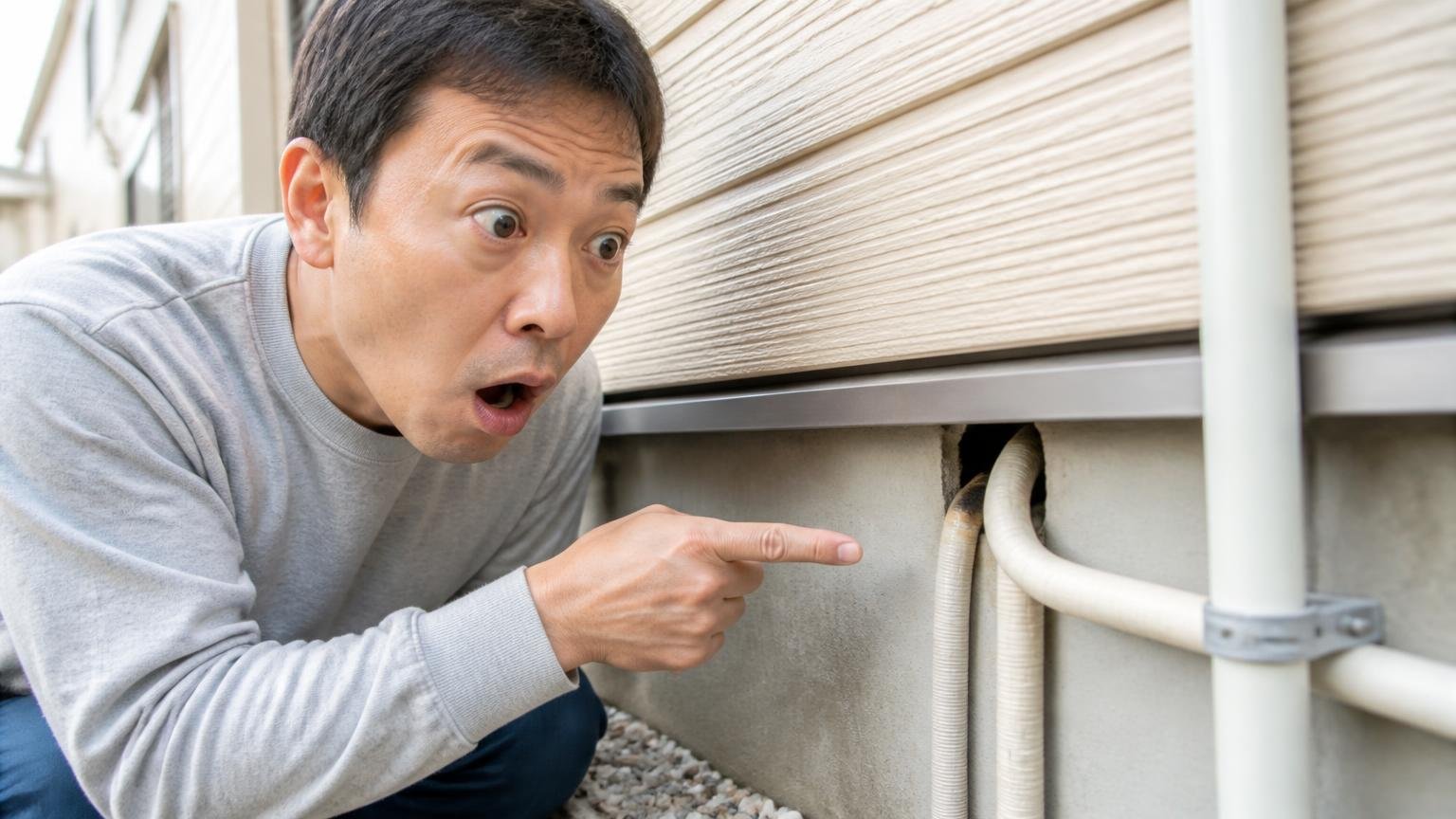 掃除の頻度は関係なく1cmの隙間から入る。木造戸建ての外壁まわりで配管の隙間を点検する住人1人が驚いた表情
