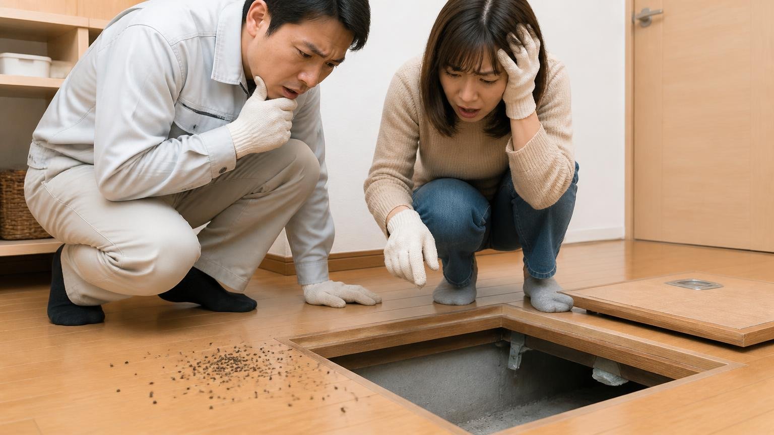 ネズミ以外のふんとの違い 住宅の床下点検口まわり 男女2人 しゃがんで砂粒状のものを覗き込み困惑