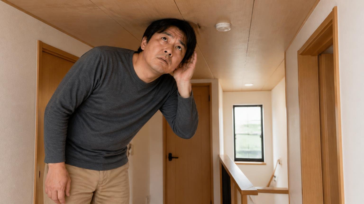 ミシミシ以外にどんな音が混ざるかを聞き分ける 木造戸建ての2階廊下 天井に耳を寄せる住人1人 手を耳に当てる仕草