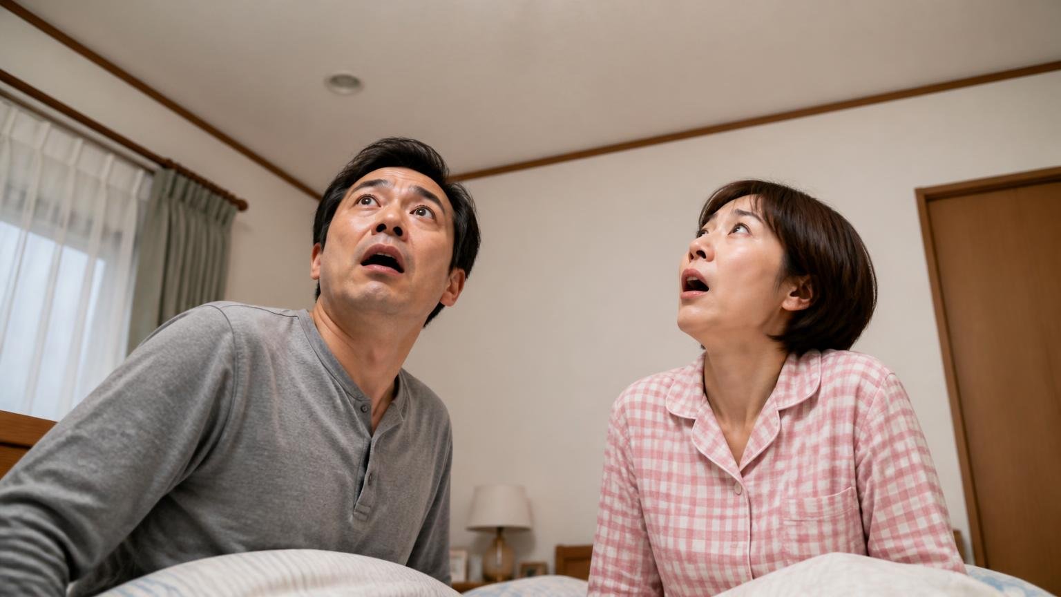 カチカチとドスドスが混ざる音。木造戸建ての2階寝室で天井を見上げる夫婦2人が驚いた表情