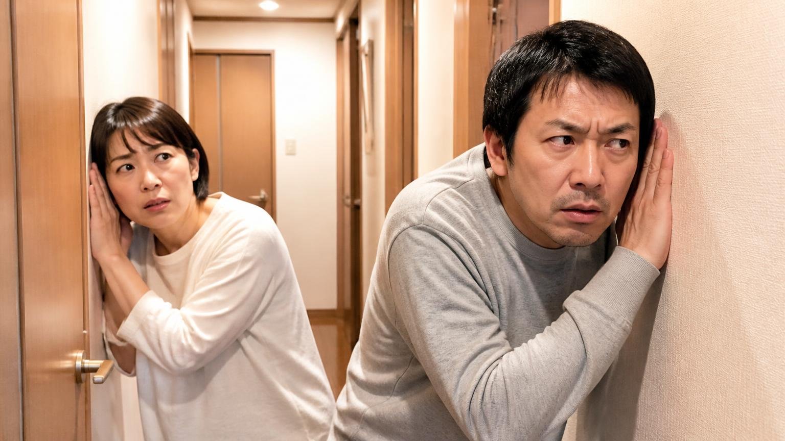 手がかり②どこから聞こえるか。木造戸建ての廊下で夫婦2人が壁に耳を当てて音の位置を探る