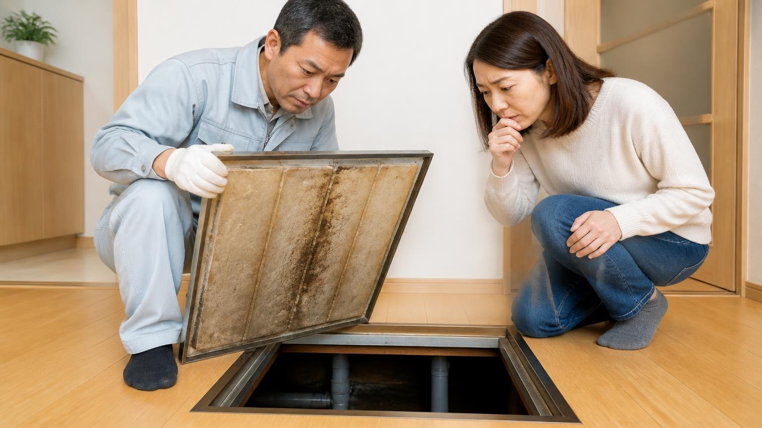 乾き具合でいつのものかが変わる|住宅の床下点検口の前で作業員と住人が乾き具合を確かめる2人