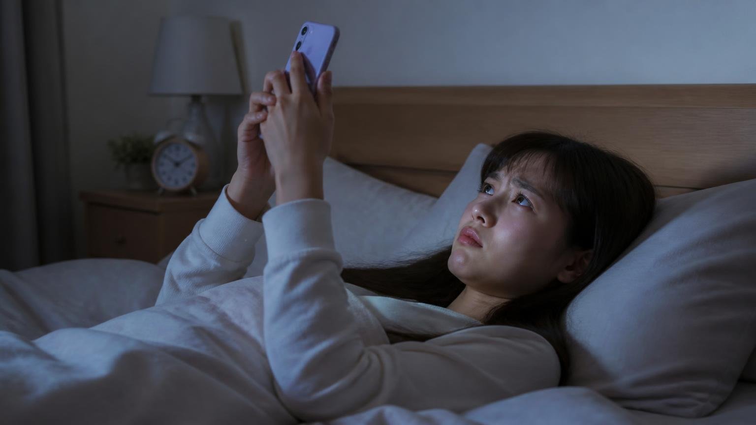 聞こえる時間帯で絞る|深夜の寝室でスマホを手に天井を見上げる女性1人が困った顔