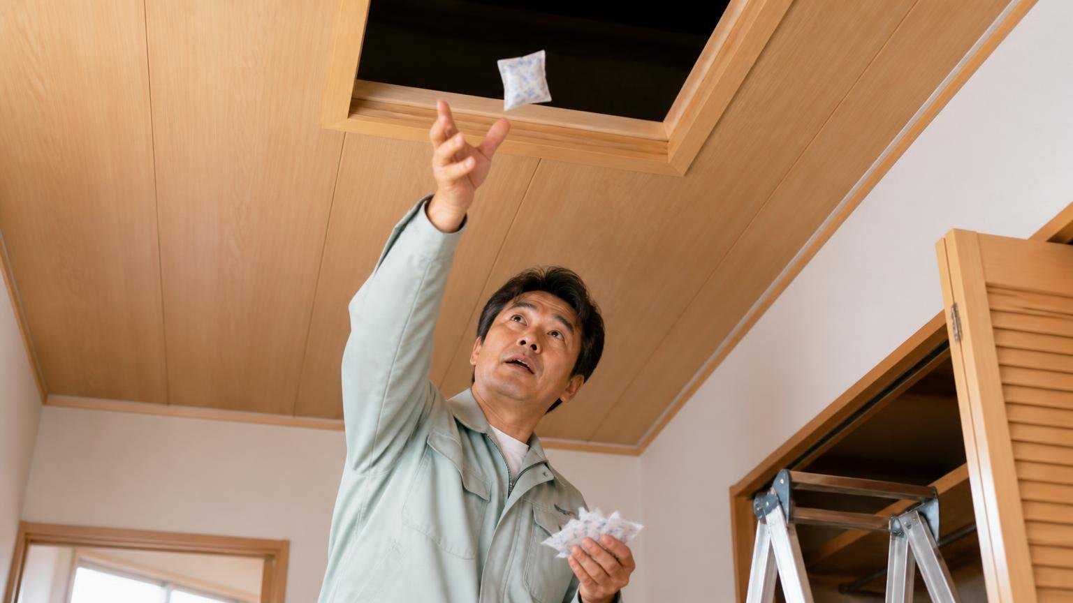 分包タイプ。木造戸建ての天井裏の点検口を見上げ小袋を投げ入れる40代男性