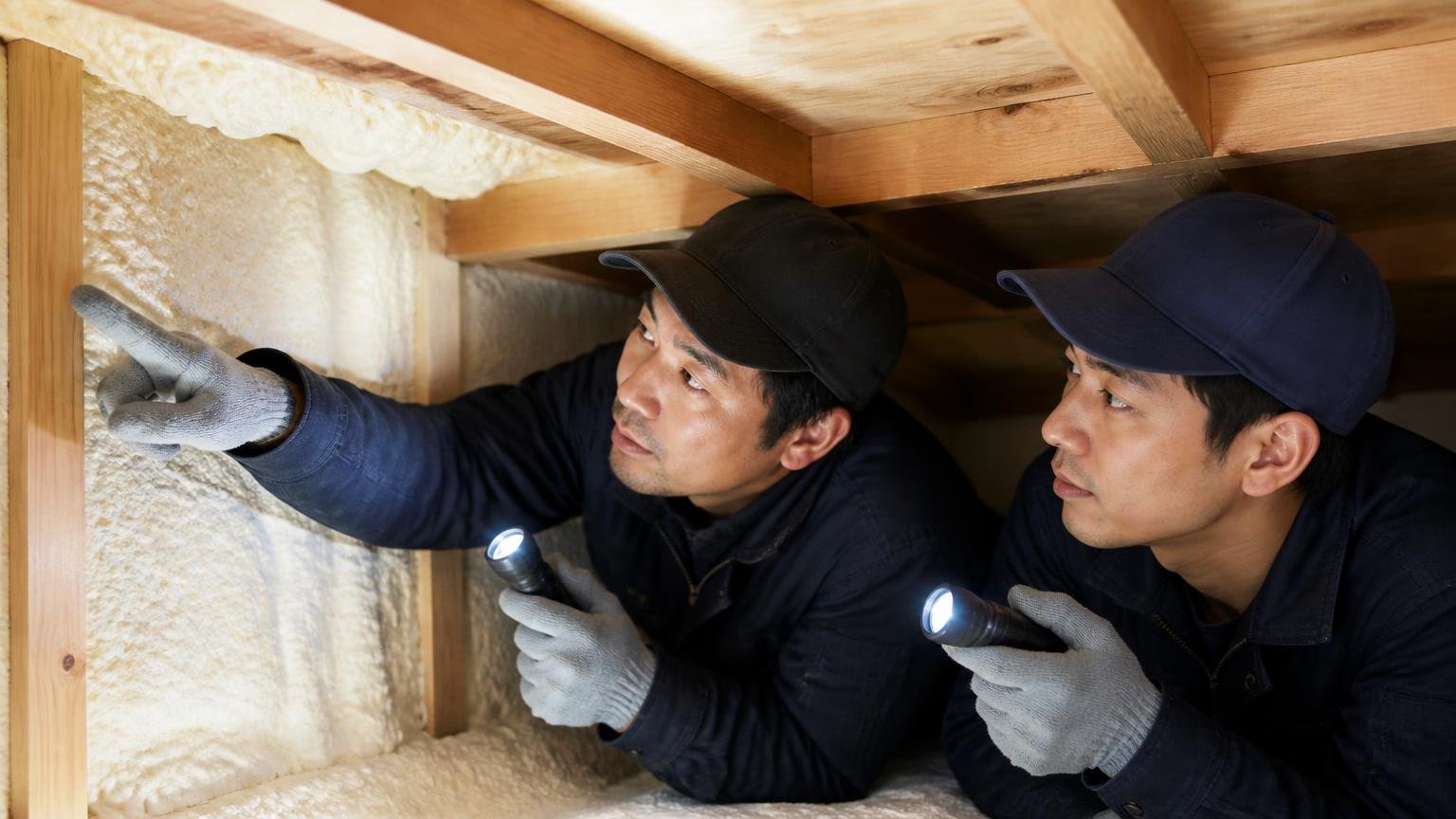 侵入口を徹底的にふさいでくれた。木造戸建ての天井裏で懐中電灯を手に隙間を指さす作業員2人