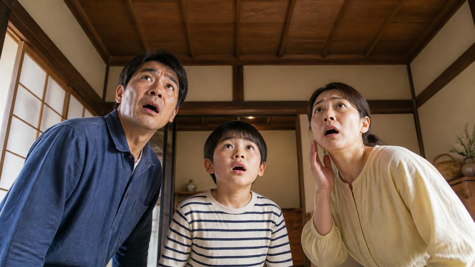 「ドスドス」と重い足音ならネズミではないかもしれない。古民家の和室で家族3人が天井を見上げ驚いた表情
