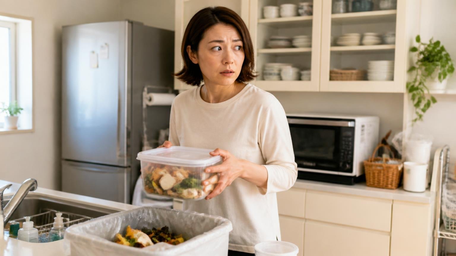 エサ場が変わり行動範囲が広がる、住宅の台所で女性1人が生ゴミと食品を密閉容器にしまい周囲を見回す