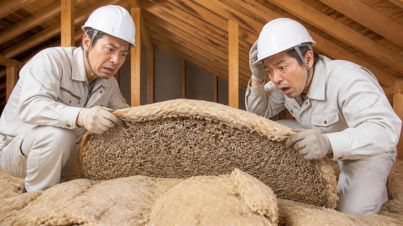 断熱材は取り除けない巣材という存在 木造住宅の屋根裏 作業員2人が断熱材を持ち上げて困惑