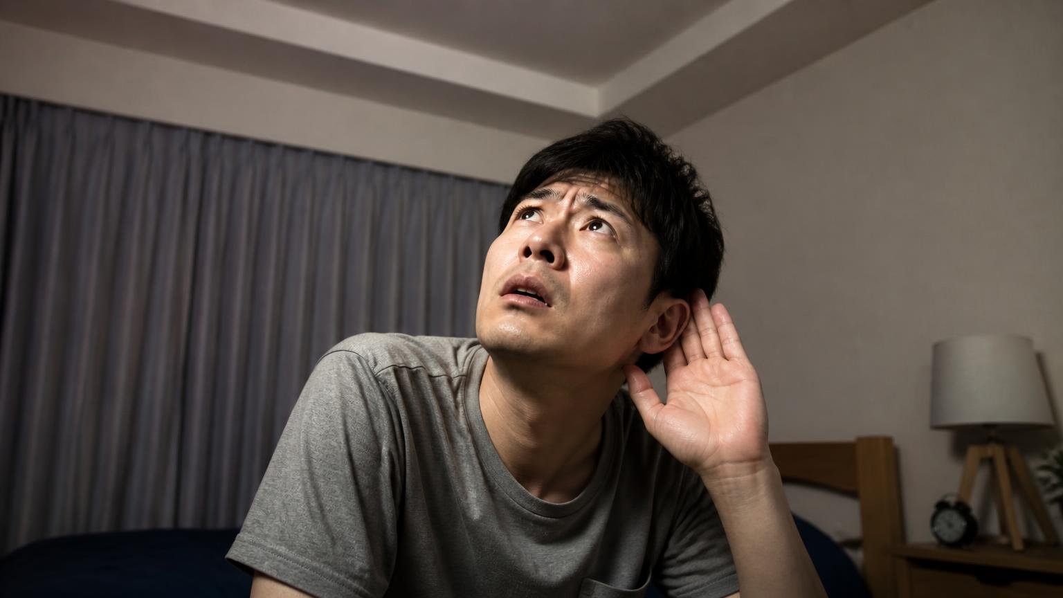 鳴き声か移動音かを聞き分ける。夜の寝室で天井を見上げる男性1人が耳に手を当て真剣な表情