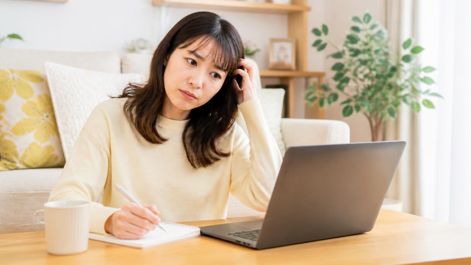 公式サイトで分かること分からないこと。自宅リビングでノートPCを見ながらメモを取る30代女性が首をかしげる