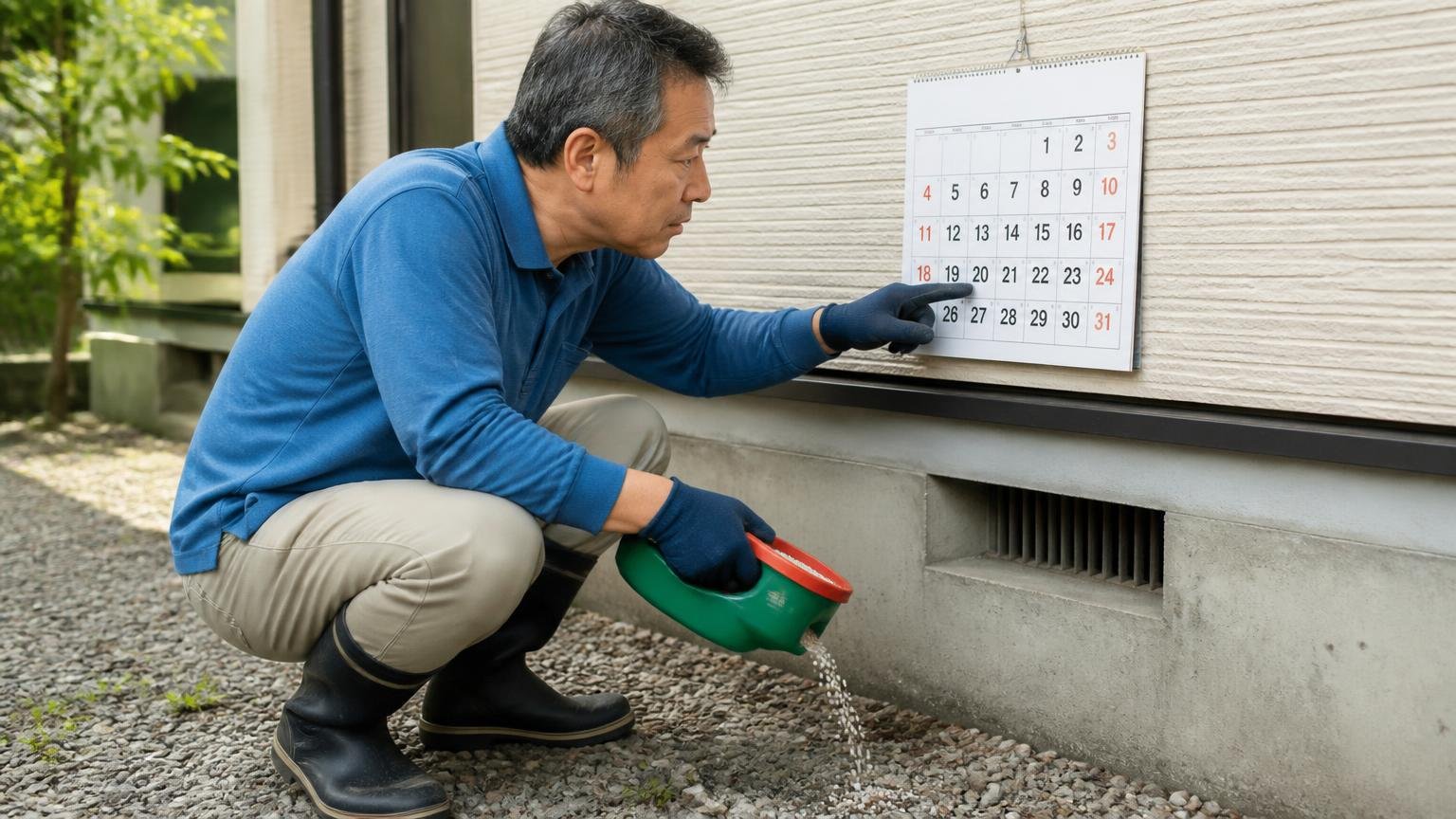 効果の持続は約60日という表示の読み方|住宅の基礎まわりで50代男性が粒剤をまきながらカレンダーを気にする