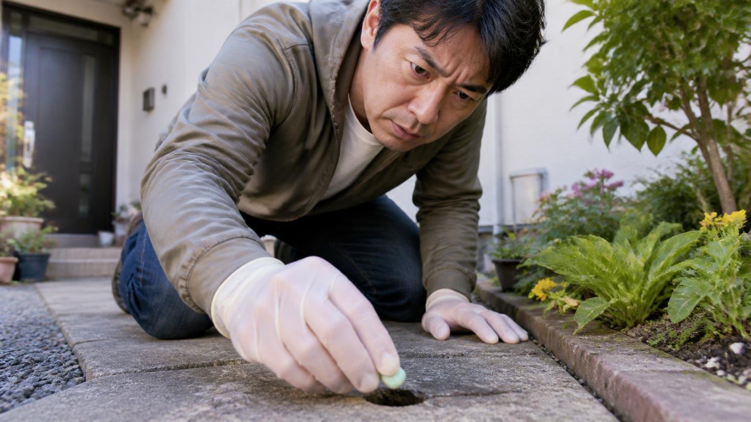 手袋や味を変えても結果が変わりにくい理由|庭先で手袋をはめてガムを穴に入れる住人1人が慎重な表情
