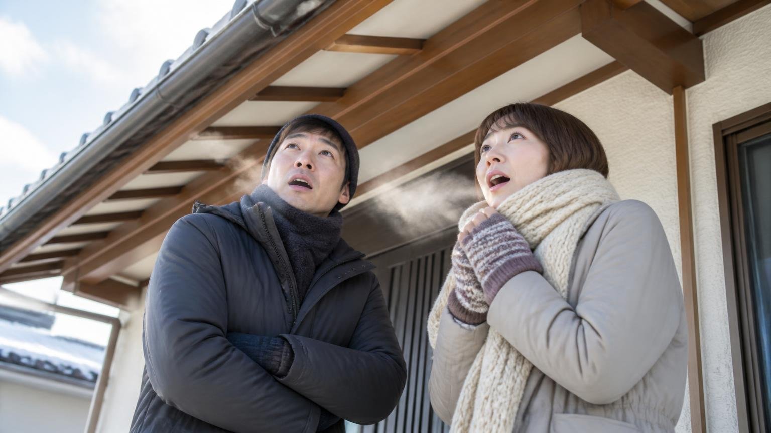 屋根裏が快適すぎて出ていく理由がない。冬の戸建ての軒下を見上げる玄関前で、男女2人が寒そうに息を白くする