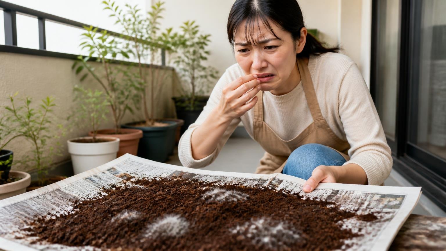 失敗③:濡れたまま大量にまいてカビを招く ベランダでコーヒーかすを新聞紙に広げて乾かす女性1人