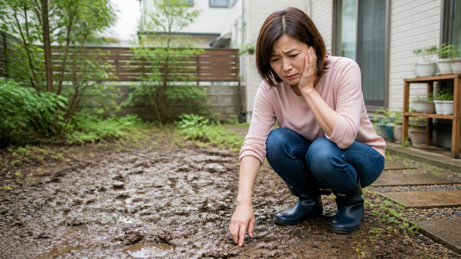 雨と時間で効き目が切れている、雨上がりの住宅の庭で女性1人が濡れた土を見て困り顔