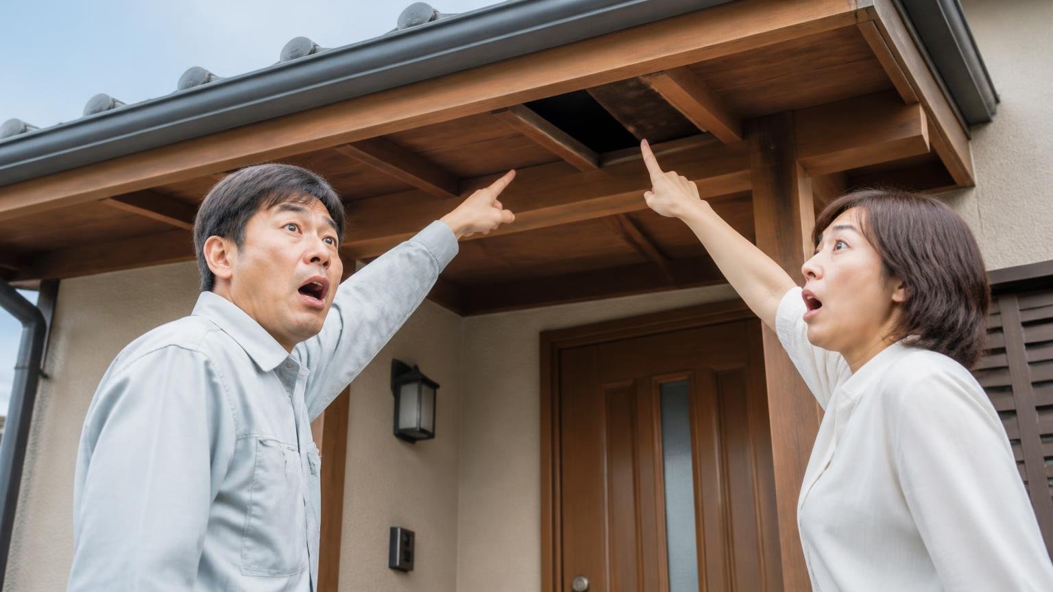 原因③侵入口が開いたまま 木造戸建ての軒下を見上げる玄関前 住人2人が隙間を指さし驚く