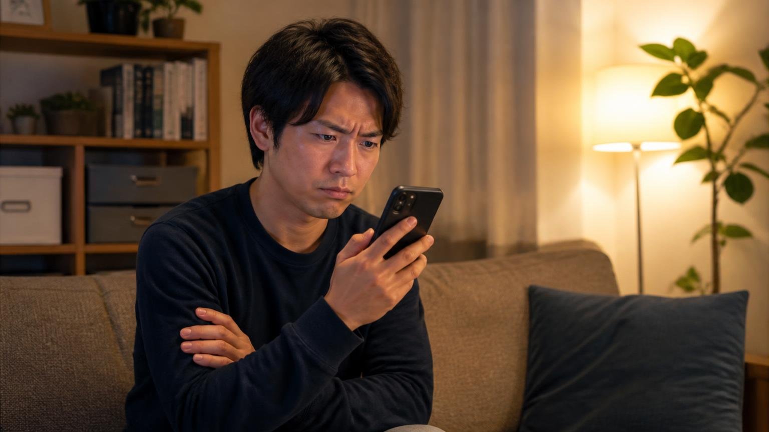 悪い口コミを探す。夜のリビングでスマホを持つ男性1人が腕を組んで考え込む