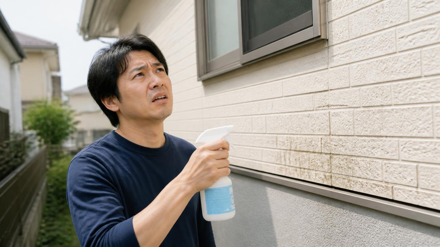 布用の消臭剤を建材にかけるのは想定外。住宅の外壁まわりで男性1人がスプレーを構え不安げに見上げる