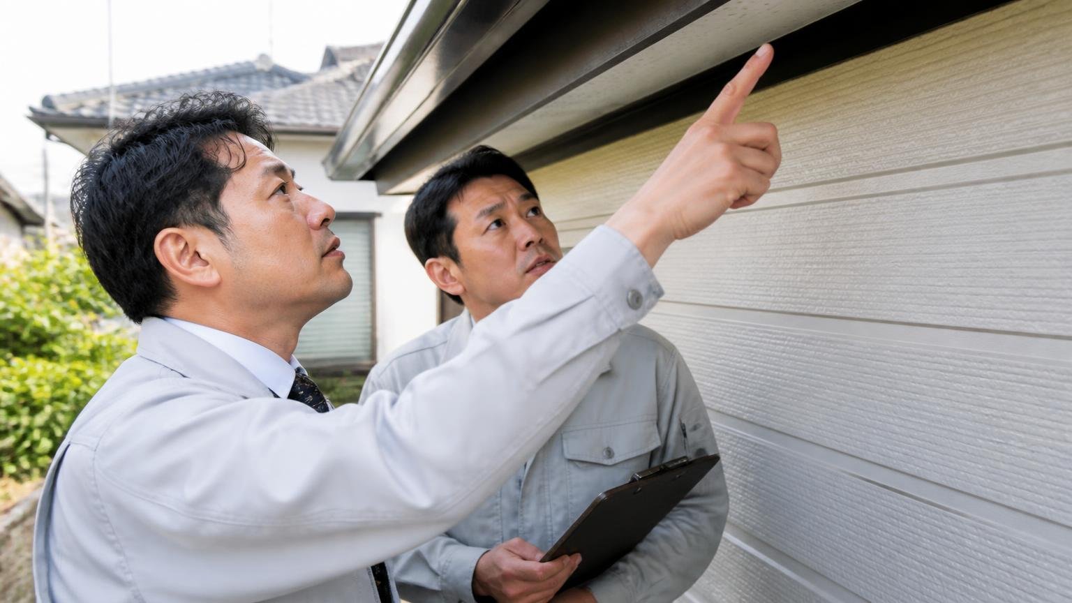 効いた人の共通点3つ|住宅の外壁まわりを点検し軒下の隙間を指さす作業服の男性2人が真剣な表情で確認する