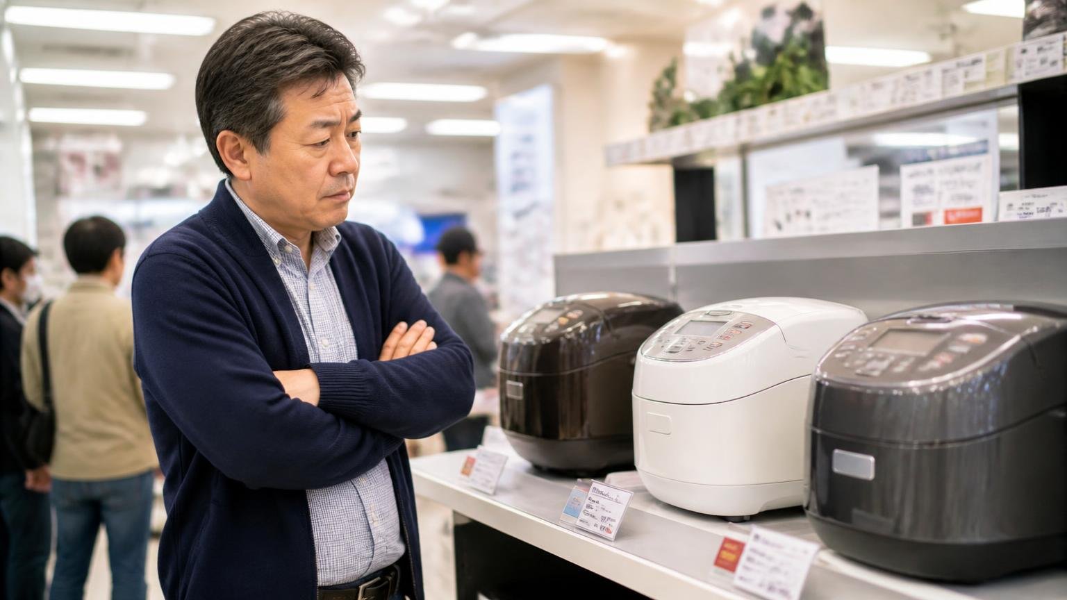 上位機種との違いを比較する場面。家電量販店の棚の前で3種類の機器を見比べる50代男性が腕を組んで悩む