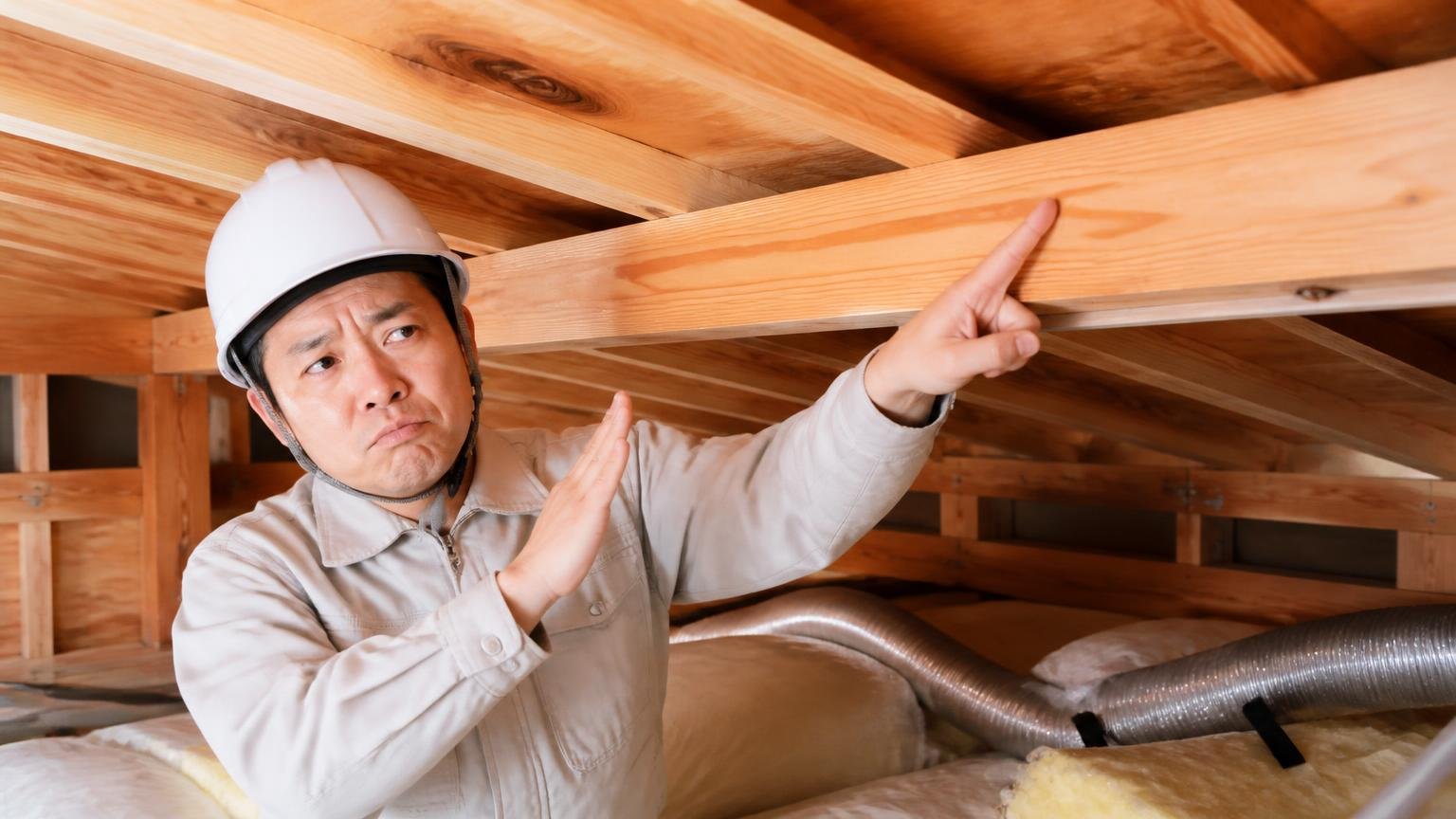 メーカーが公表する効かない条件 木造戸建ての天井裏で作業員1人が梁を指さし首を横に振る