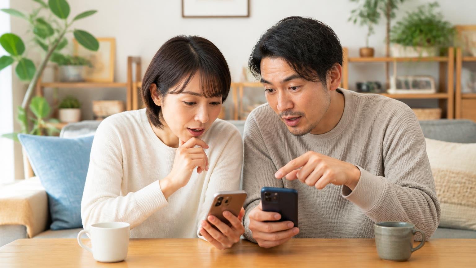 口コミを並べて見えてくる共通点 リビングのテーブル 夫婦2人 スマホの口コミを見比べて話し合う