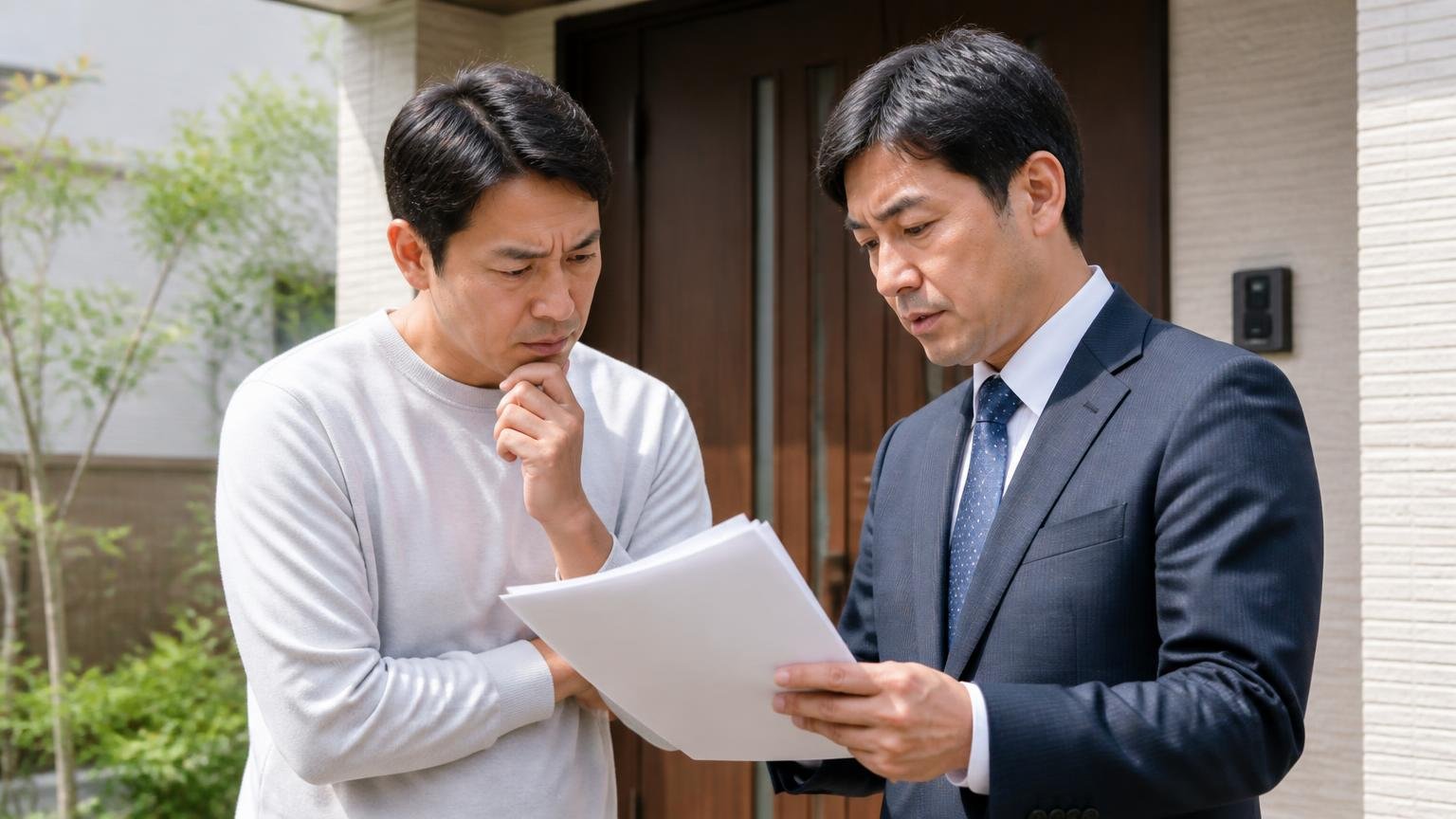 相手によって自分でできることが法律で変わる 住宅の玄関前 男性2人 書類を手に真剣に相談