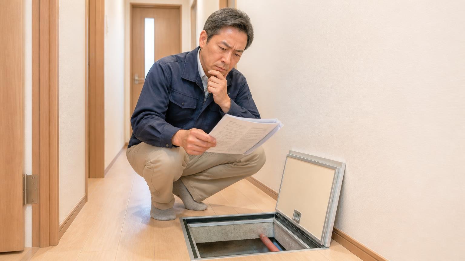 最長10年再発保証と完全自社施工の意味 住宅の床下点検口の前で書類を確認する廊下 40代男性1人 契約書を読み込む