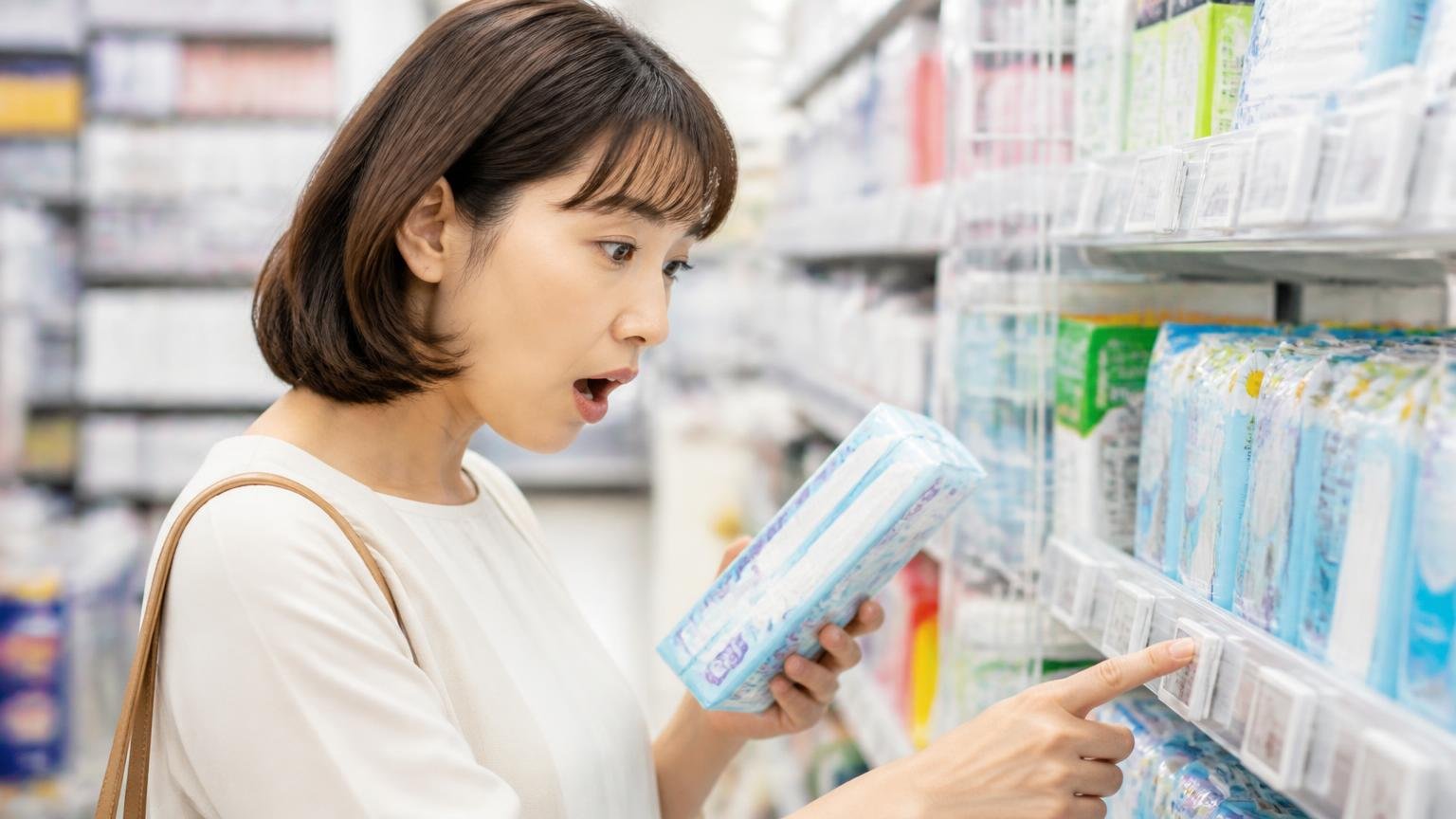 薬剤不使用と2セット658円という価格。ドラッグストアの棚前で女性1人が商品を手に取り値札を見る