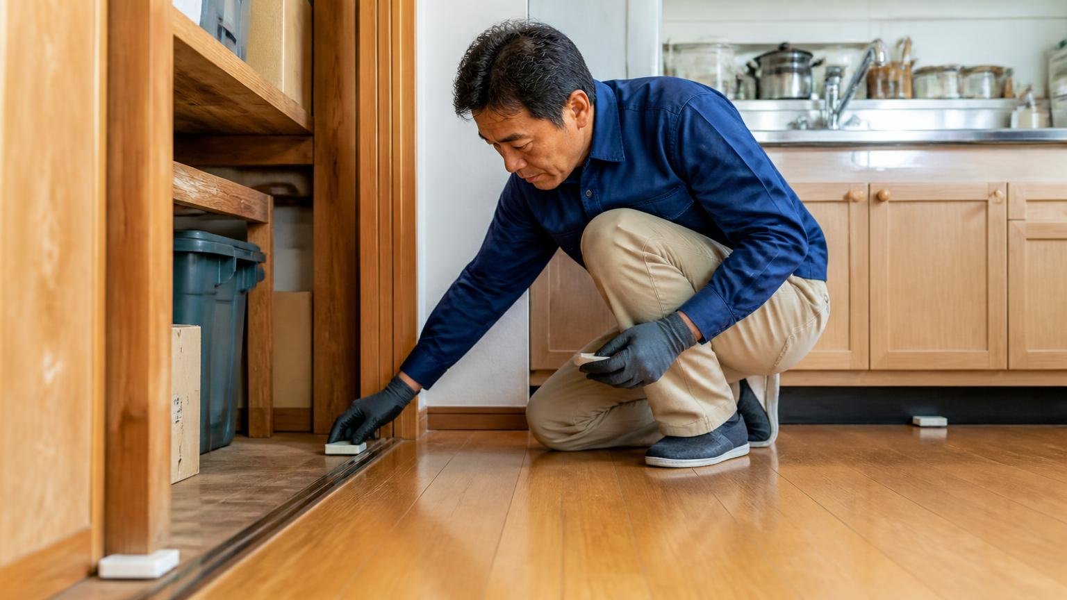 少量ずつ複数のポイントに分けて置く、木造戸建ての物置と台所の壁際で40代男性が薬剤を数か所に分けて設置する