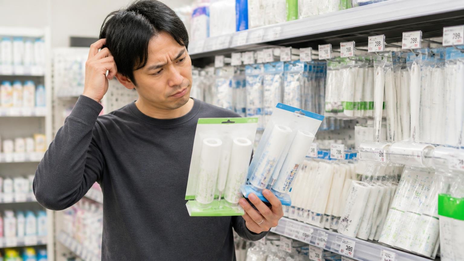 高い粘着シートに買い替えても結果は変わらない ドラッグストアの売り場で 男性1人が 値札を見比べて首をかしげる