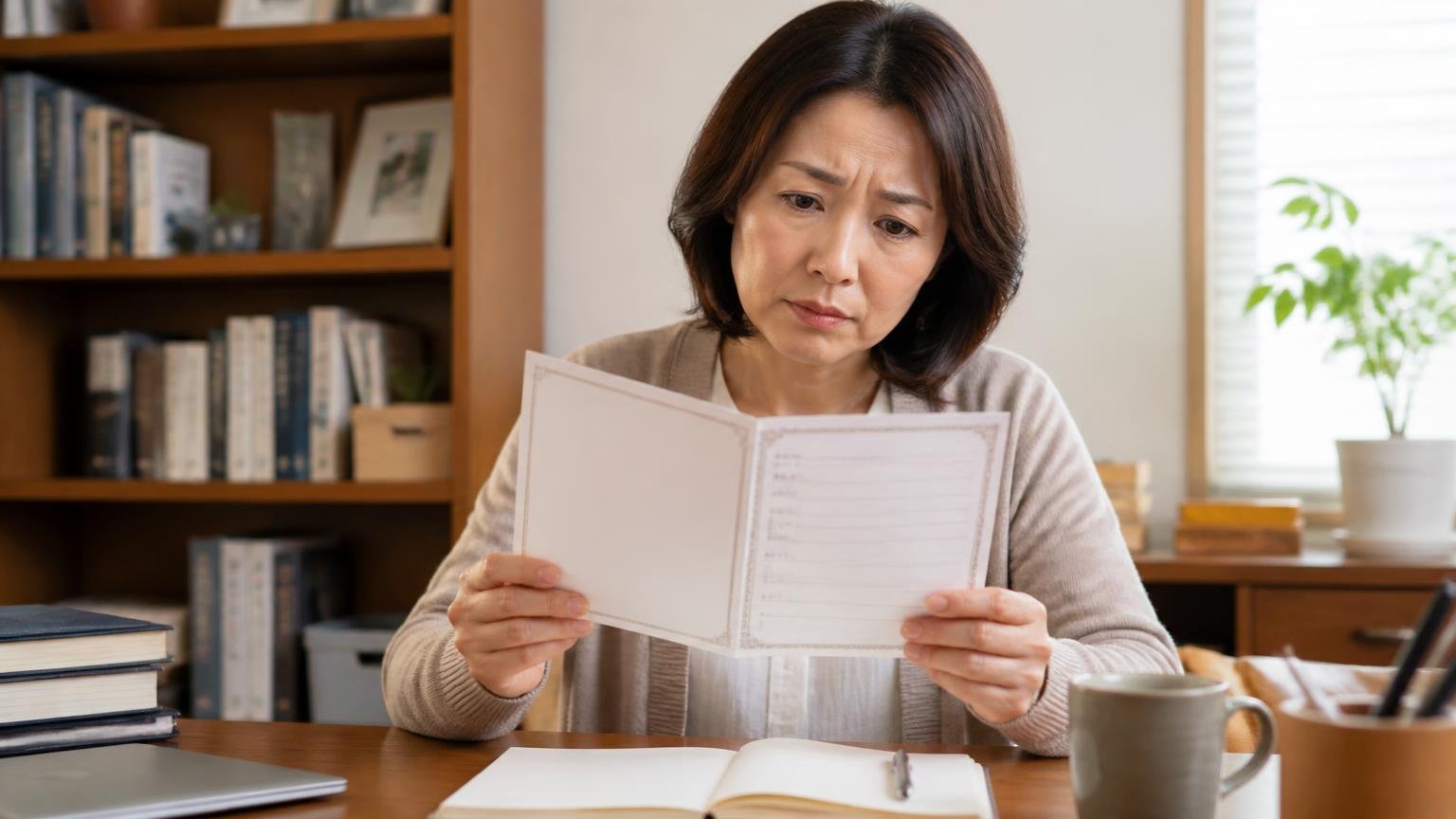 公式サイトで確認できなかったこと|書斎で保証書の空欄を見つめて眉をひそめる40代女性1人