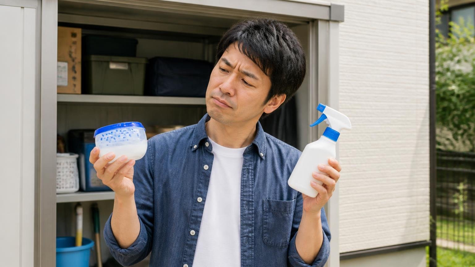 ゲルとスプレーの役割の違いを比べる場面 住宅の物置前で2種類の商品を見比べる30代男性1人 首をひねる