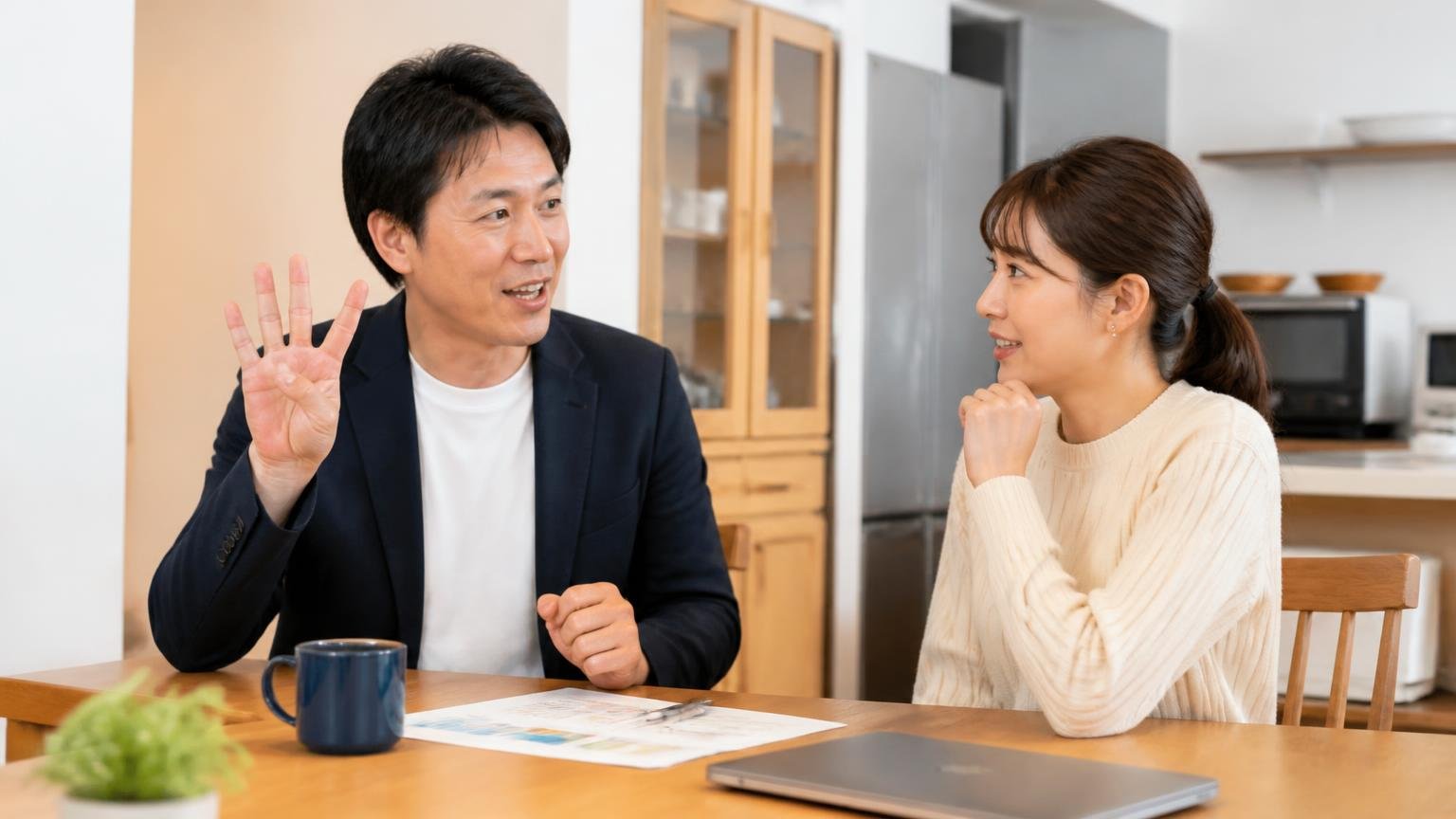 効くを4つに分けると欲しかったものが見えてくる。ダイニングで指を4本立てて説明する男性と頷く30代女性